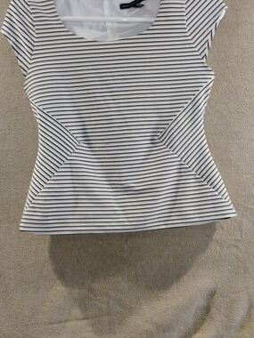 White House Black Market White and Black Striped Cap Sleeve Top